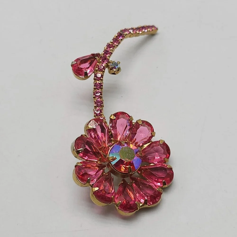 Vintage Juliana Pink Rhinestone Flower Brooch Pin Gold Tone Open Backing 3.5in